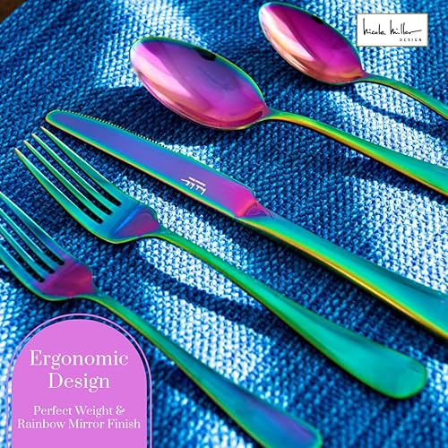 Miniatura 5 de Nicole Miller - Juego de cubiertos de 20 piezas, diseño de arcoíris, modernos utensilios de cocina de acero inoxidable para un comedor elegante,