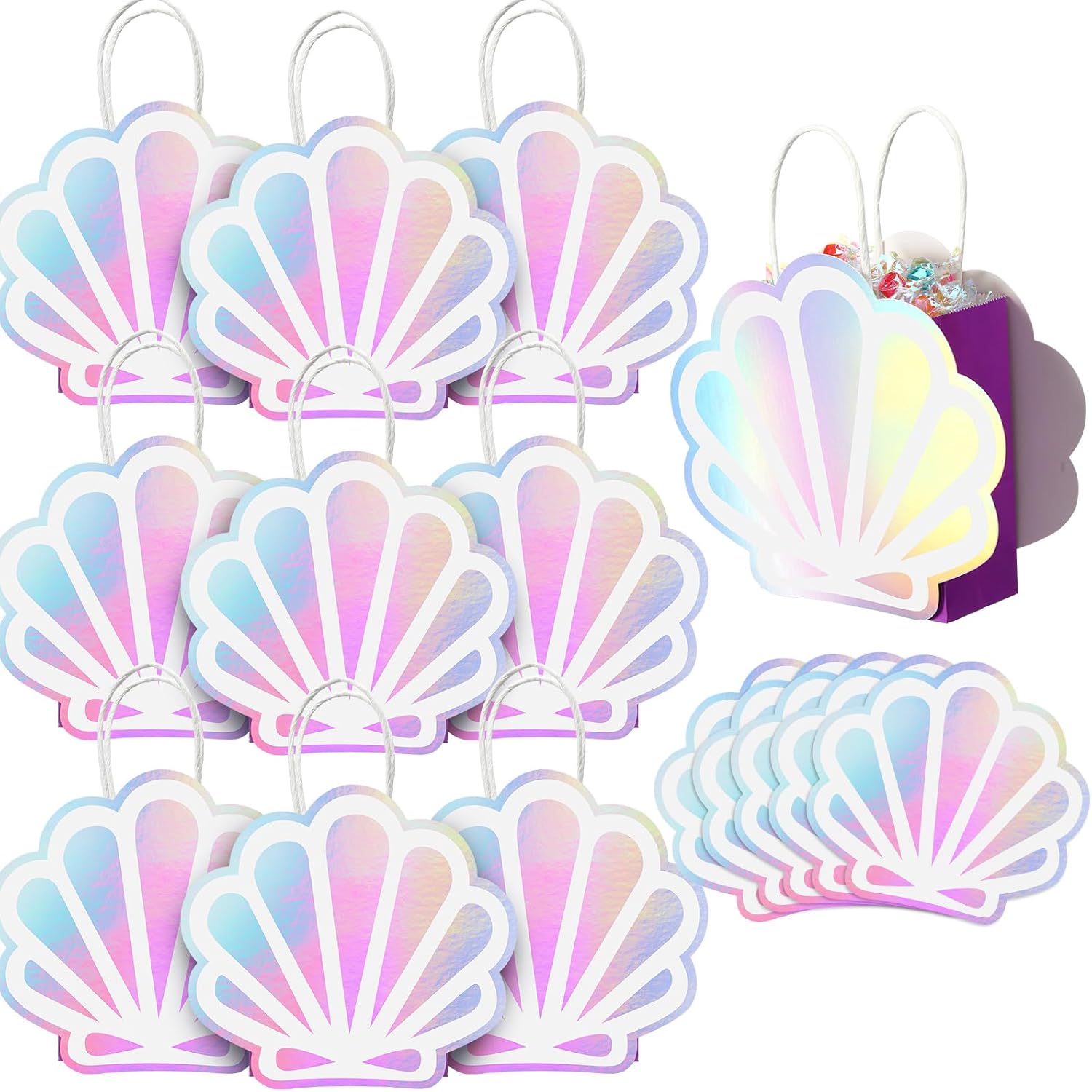 Locmeo 24 Pack Holographic Shell Gift Bags Mermaid Party Favor Bags with Iridescent Shell Cards for Mermaid Themed Supplies Ocean Under the Sea Party Favors