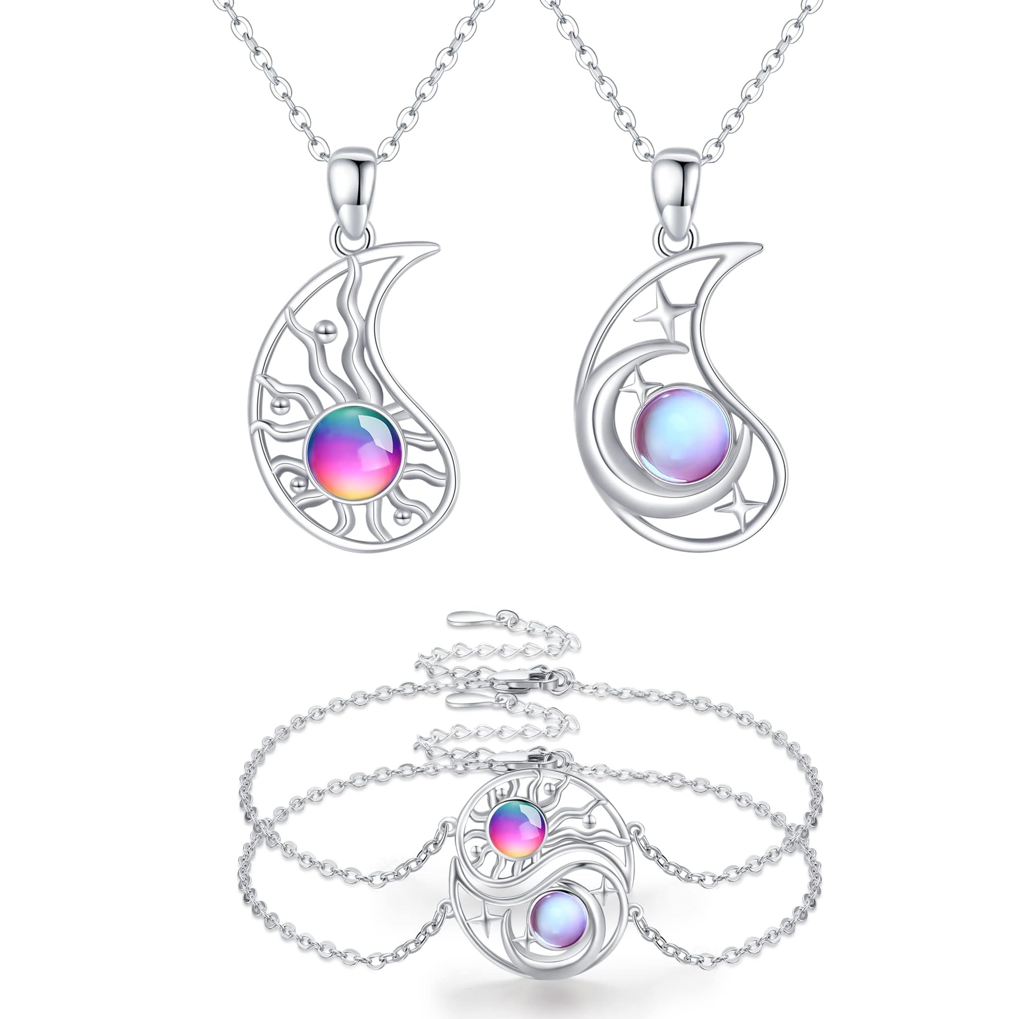 2 Stücke BFF Halsketten Armband Mond Sonne 925 Sterling Silber Schwestern Armband Halskette Runden mit Kristallen Sonne und Mond Freundschaftskette Freundschaftsarmband BFF Schmuck für 2