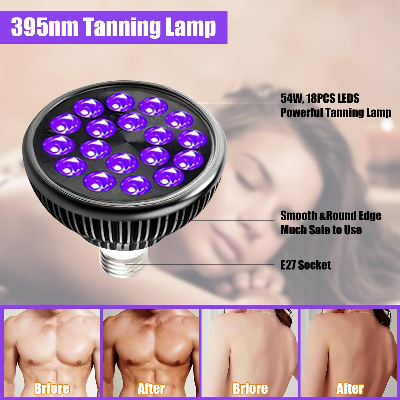 54W E27 Lámpara De Bronceado Giratoria De 180 °, Lámpara Solar 18 Leds, Lámpara Solar Uv De 9.8-16.5 Pulgadas Con Máscara De Ojos Para Piel De Bronce Antiguo (A)