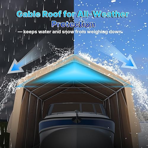 Miniatura 3 de ADVANCE OUTDOOR Refugio de garaje de 10 x 15 pies, techo de metal de acero, cobertizo de almacenamiento portátil para motocicleta, barco o Beige