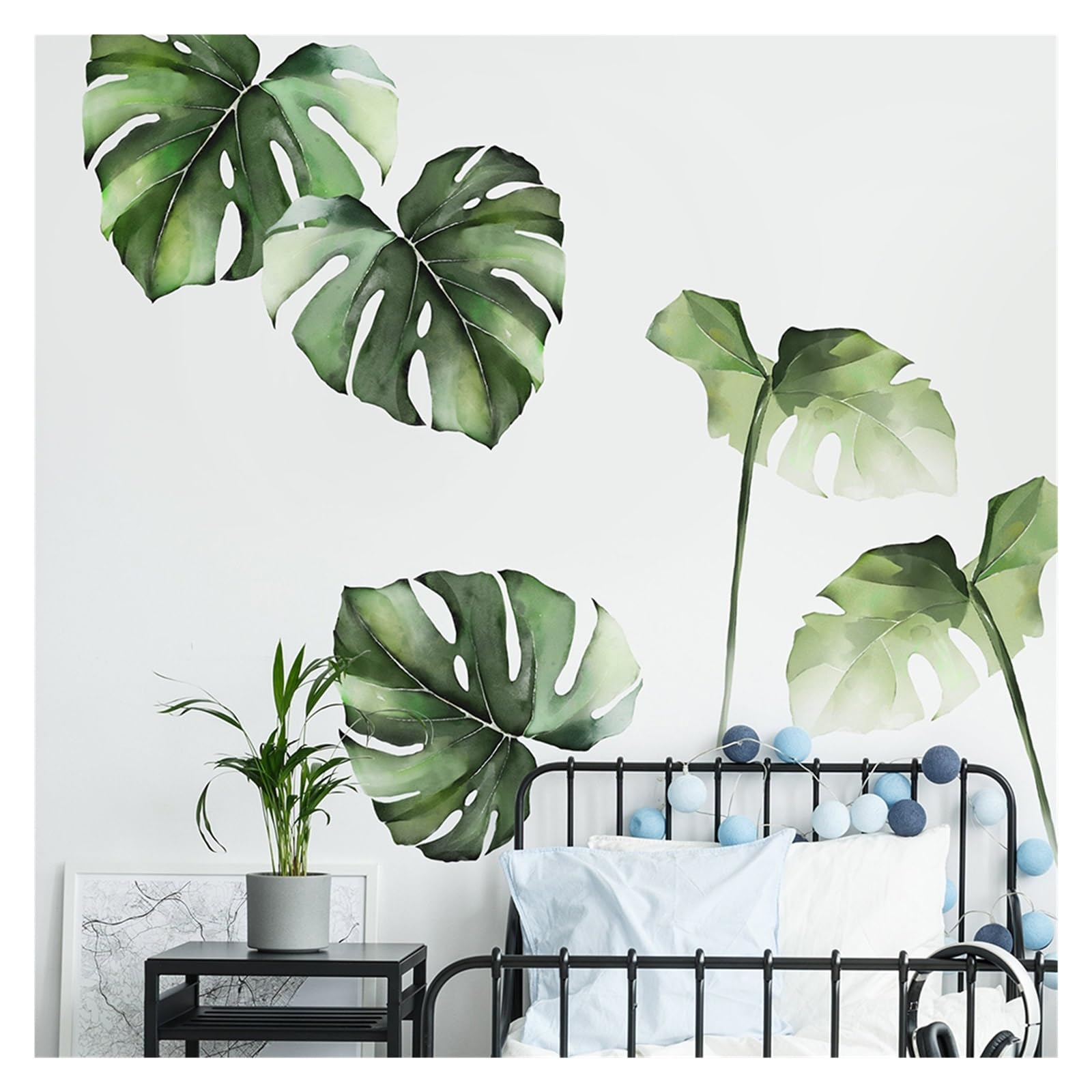 Palm Leaf Wall Decals Watercolor Monstera Tropical Jungle Leaves Wall Stickers Green Palm Tree Decals Bedroom(75cmwidex49cmhigh)