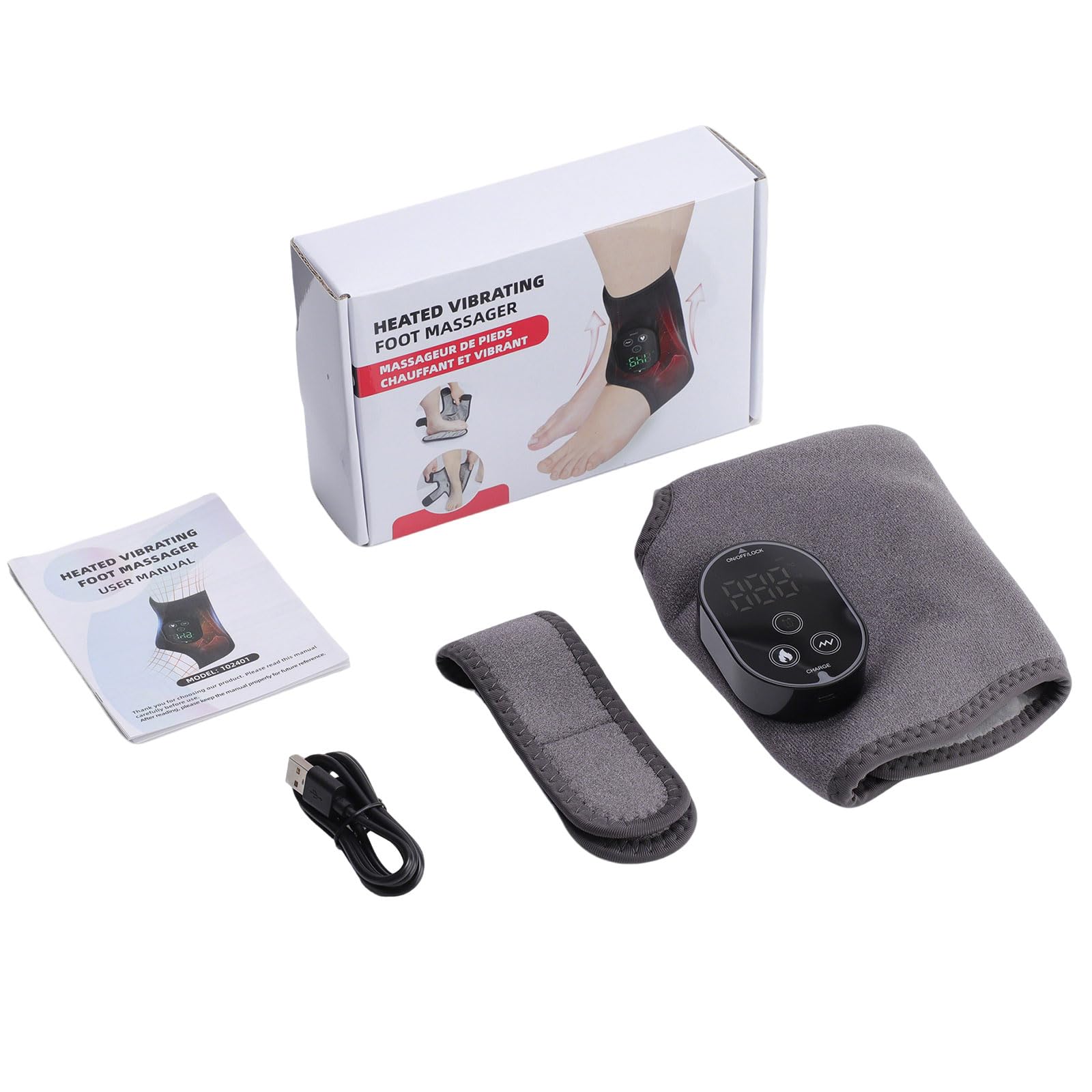 Appareil de Massage et Chauffant pour Pieds et Chevilles – Compresse Chauffante 2-en-1, 6 Niveaux de Chaleur & 3 Modes de Vibration, Rechargeable, Gris