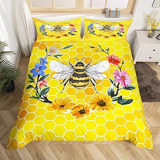 Erosebridal Kawaii Bee Bed Sets Flowers Florals Duvet Cover for Girls Boys Sweet Honey Bee Bedding Set Full Geometry Honeycomb Hexagon Comforter Cover Yellow Gold Quilt Cover 3pcs Cozy (No Comforter)