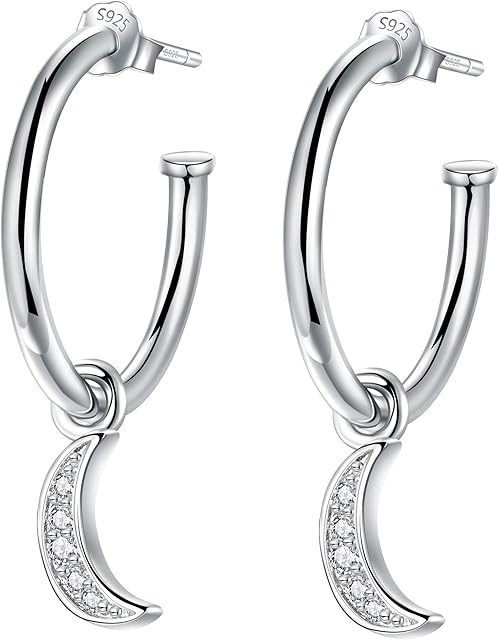 Lydreewam 925 Sterling Silver Half Hoop Earrings for Women with Star/Moon/Love Heart/Tree of Life, Diameter 20mm