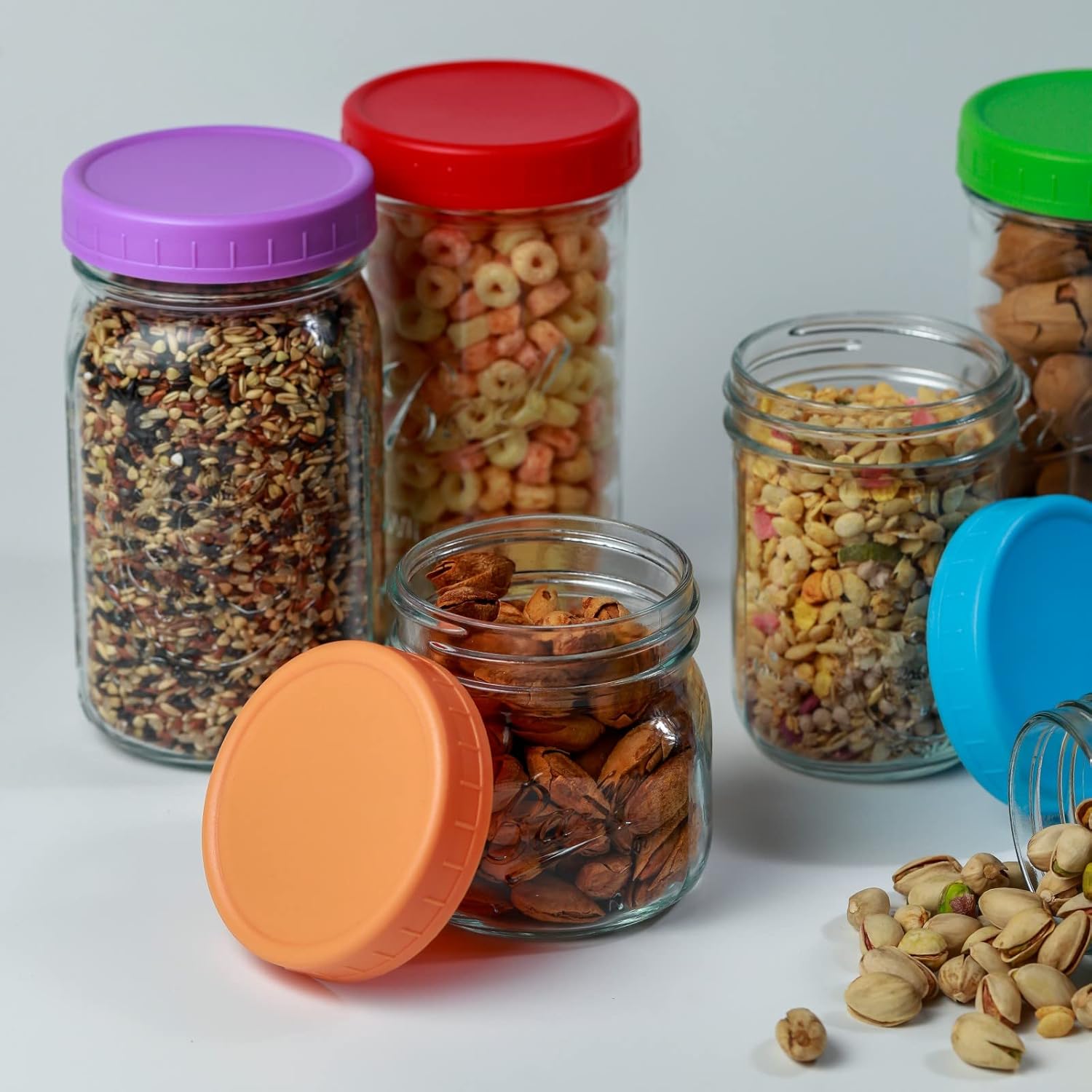Bedgeta 9Pcs Mason Jar Lids, Regular Mouth Plastic Mason Lids, Leak Proof Canning Lid with Silicone Ring for Ball, Kerr and More, Reusable Can Tops, Colored Caps Covers for Jars