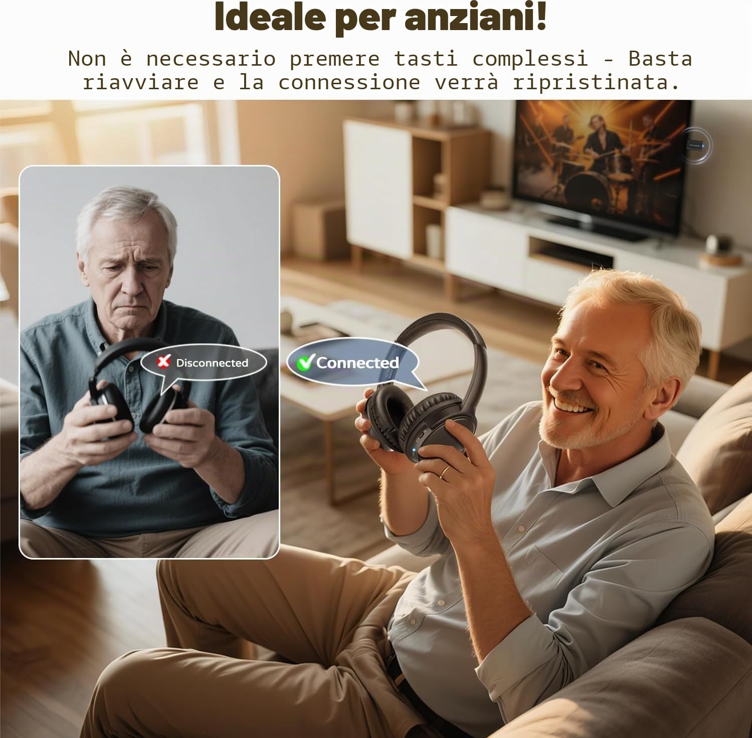 Holdsound Cuffie per TV Senza Fili con Trasmettitore USB (Inchiostro nero) | Cuffie TV Wireless, Alto Volume, Plug And Play, Senza Latenza Audio, Riproduzione Audio di 40 Ore
