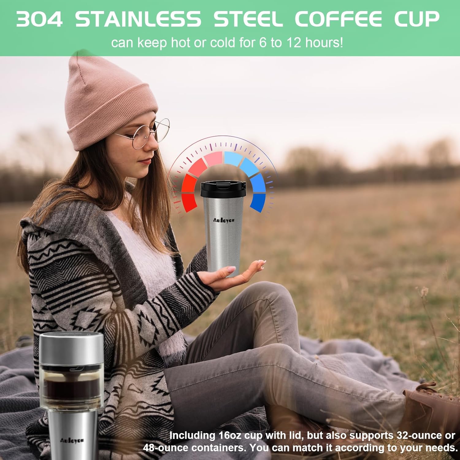 Cold Brew Coffee Maker, Rapid Brewer Portable Iced Tea Pitcher 16oz Cup with Ultra-Fine Stainless Coffee Filter, Automatic Cleaning Tea Infuser for Camping, Travel, Office & RV