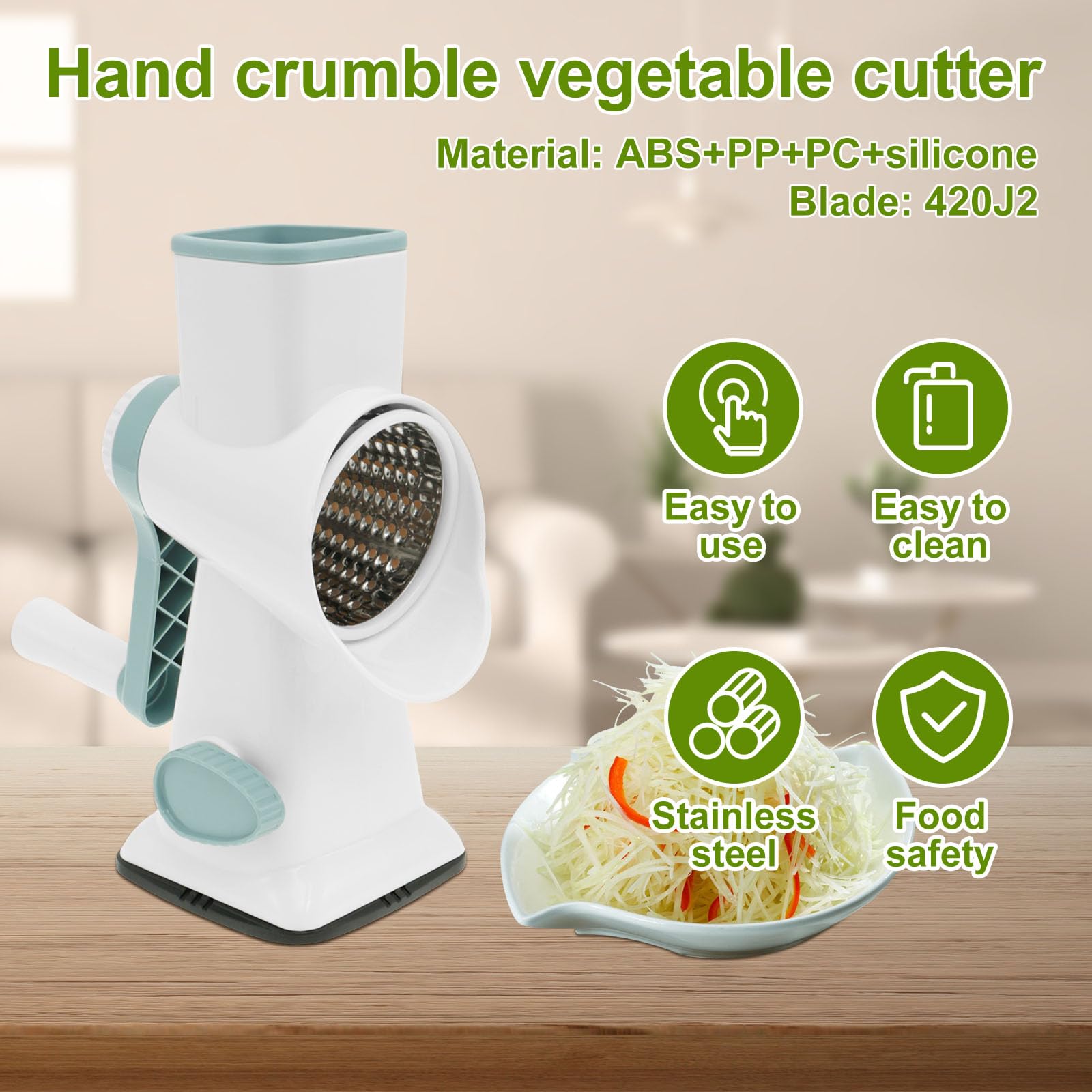 Rotary Cheese Grater with Handle, Manual Rotary Cheese Grater Shredder with 3 Replaceable Stainless Steel Drum Blades and Suction Base