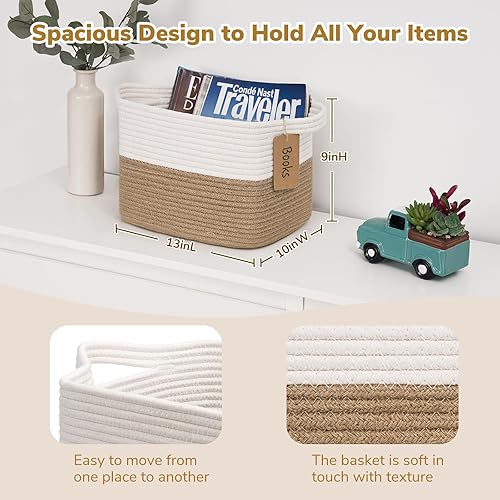 Miniatura 3 de Goodpick - Cesta de almacenamiento tejida para estantes, cesta de regalo vacía mediana con asas, cestas de mimbre cuadradas para juguetes de perro,