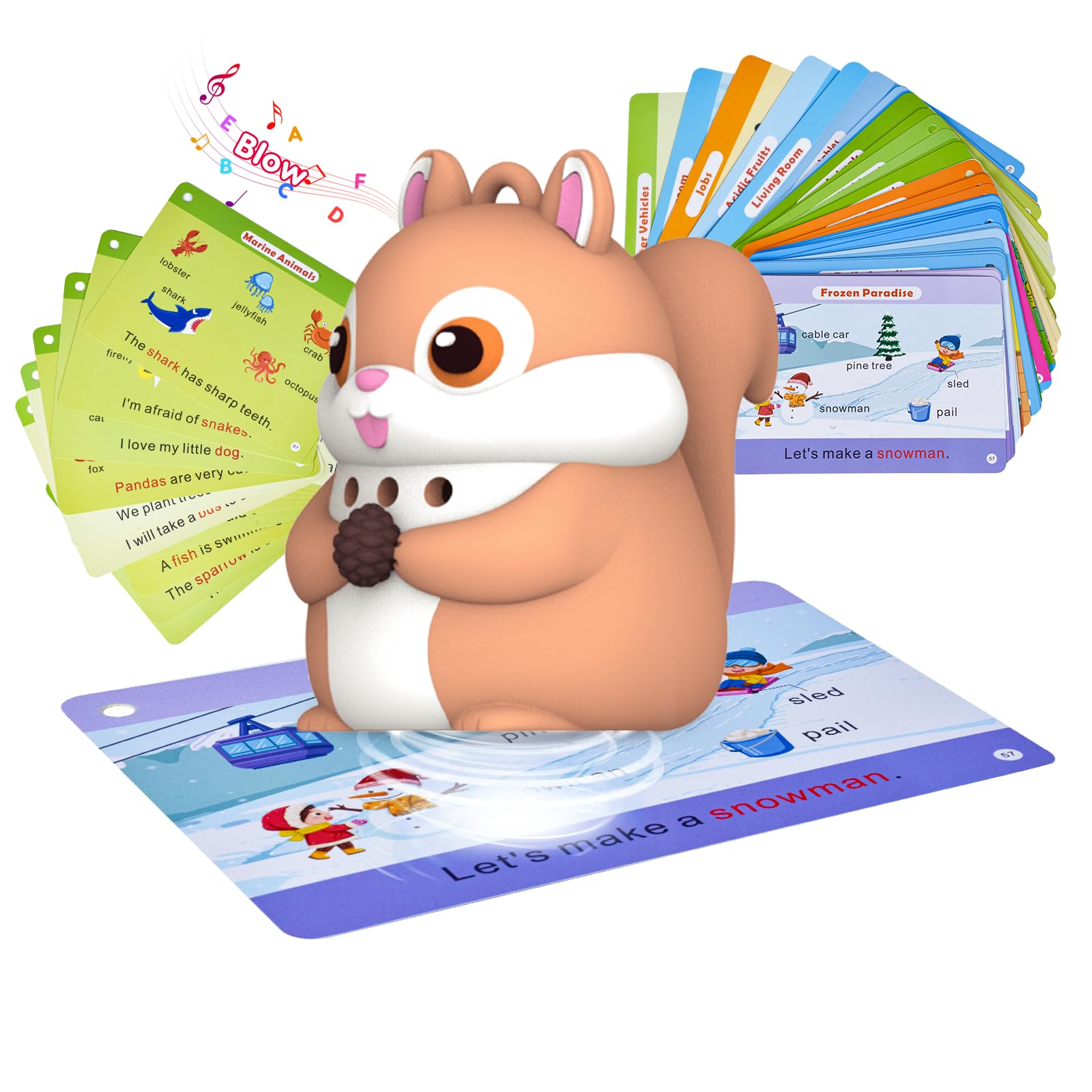 Phonics 55 Double-Sided Flash Cards with Squirrel Talking Pen Set, Over 800 Words Early Educational Learning Toys for Ages 2-6, Interactive Speech Book Card Game Gift, Homeschool Learning Supplies