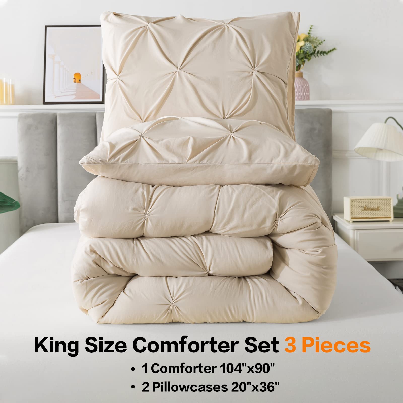 Andency Beige Comforter Set King(104x90Inch), 3 Pieces Lightweight and Soft King Size Pinch Pleat Comforter Set, All Season Microfiber Bedding Comforter Set