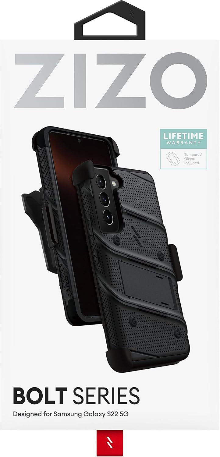 ZIZO Bolt Bundle for Galaxy S22 Case with Screen Protector Kickstand Holster Lanyard - Black