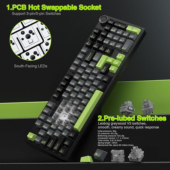 AULA F99 Pro Wireless Gaming Keyboard,Tri-mode Mechanical Keyboard Wireless with Control Knob,Side Engraved,RGB Backlight,Pre-lubed Linear Switches,Hot Swappable Custom Keyboards (Black&green)