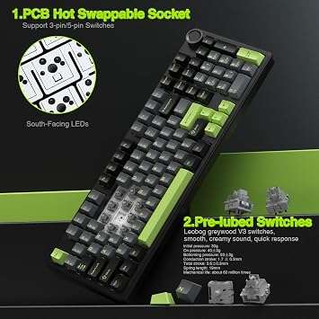 AULA F99 Pro Wireless Gaming Keyboard,Tri-mode Mechanical Keyboard Wireless with Control Knob,Side Engraved,RGB Backlight,Pre-lubed Linear Switches,Hot Swappable Custom Keyboards (Black&green)