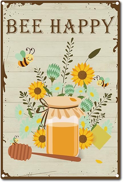 CREATCABIN Tin Sign Bee Happy Sunflower Retro Vintage Metal Wall Decoration Art Mural for Home Garden Kitchen Bar Pub Living Room Office Garage Poster Plaque 12 x 8inch
