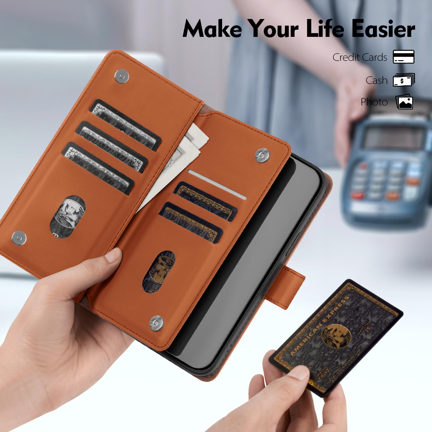 Shieldtop Funda tipo cartera compatible con iPhone 13 Pro Max con tarjetero, para mujeres y hombres, bloqueo RFID, piel sintética, funda protectora de poliuretano termoplástico con ranuras para