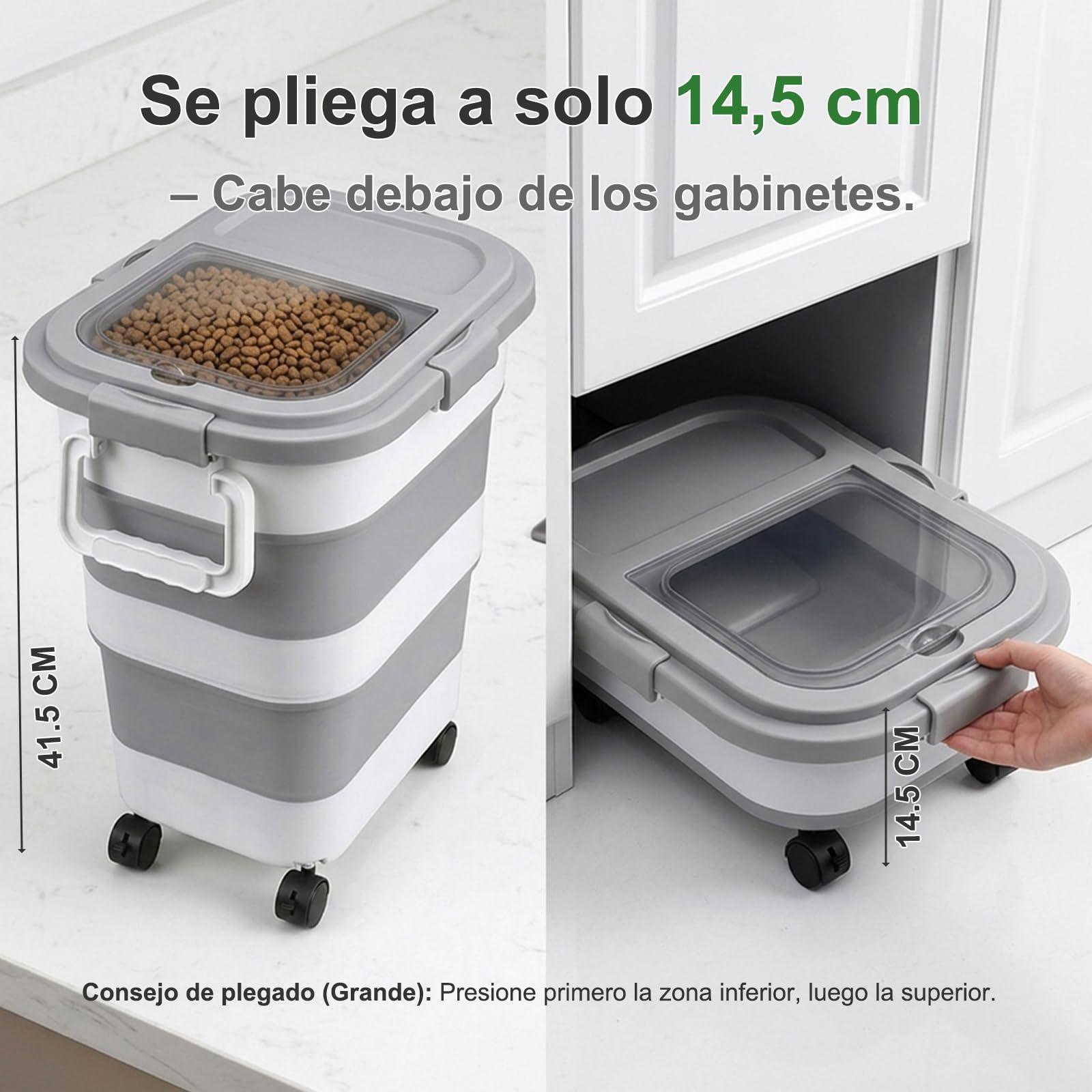 FUSHITON Gran Contenedor de Comida para Perros Plegable con Ruedas 24L/17,5kg – Recipiente Hermético para Pienso con Clip y Junta de Silicona, Incl. Pala + Taza Medidora 1000ml, Plegable Gris