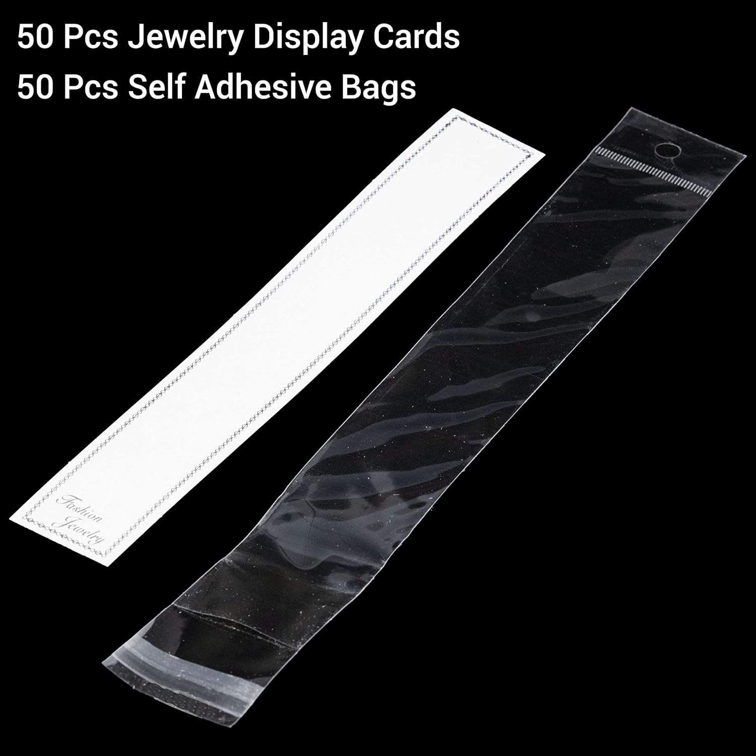 IFAMIO 50 Pack Jewelry Display Cards with Self Adhesive Bags for Necklace Bracelets Extra Long White Paper Showing Tags for Bracelet Necklace Card Holders for Jewelry Selling
