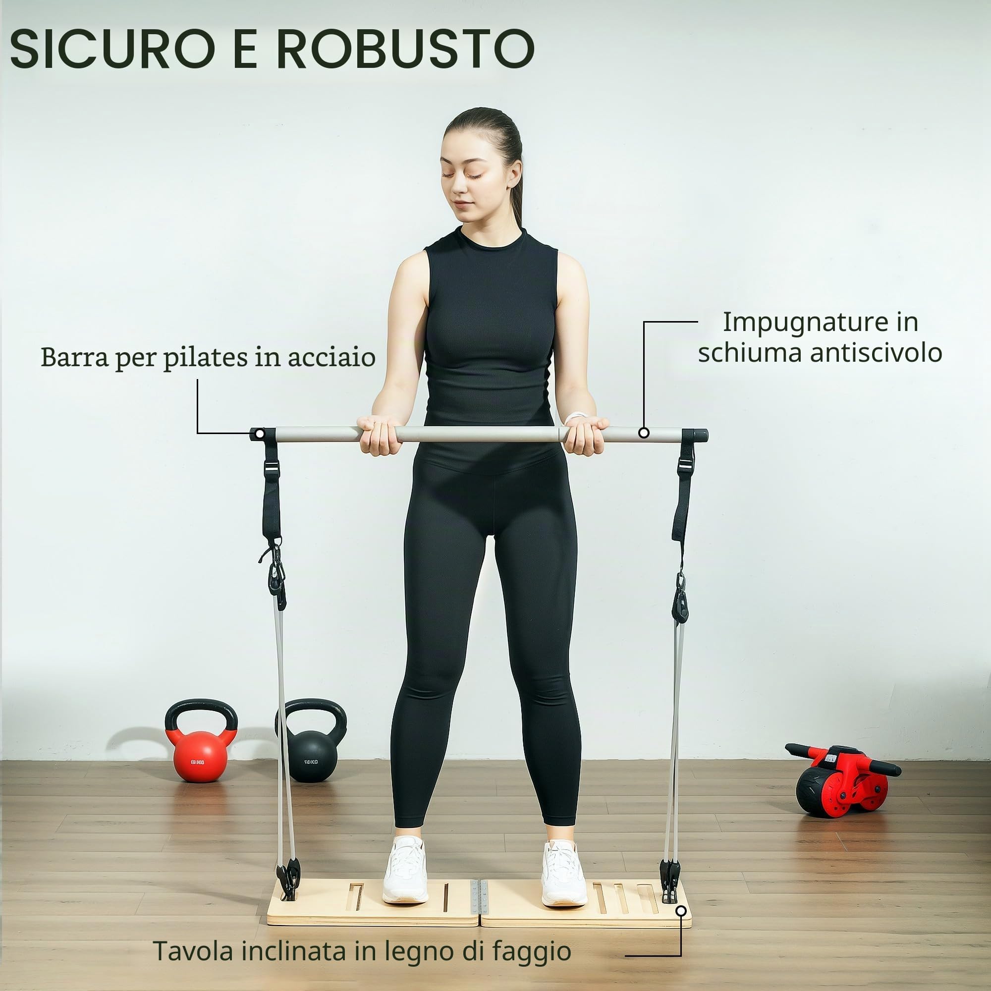 SPORTNOW Kit barra Pilates Kit barra Pilates con 6 bande elastiche Tavola inclinata regolabile per l'allenamento completo del corpo a casa Grigio