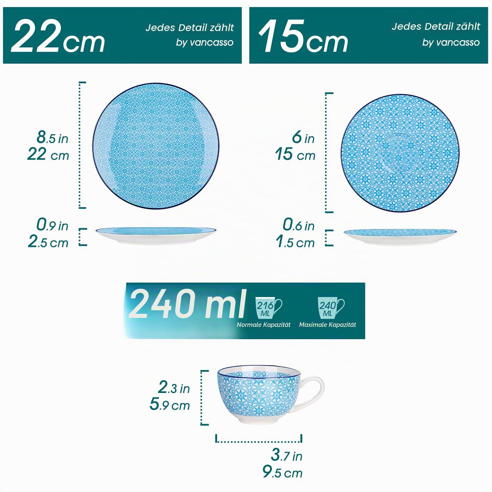 Kaffeeset porzellan, vancasso Macaron 12 teiliges Kaffeeservice bunt für 4-12 Personen, Tassenset, beinhaltet Kaffeetassen, Untertassen und Desserttellern