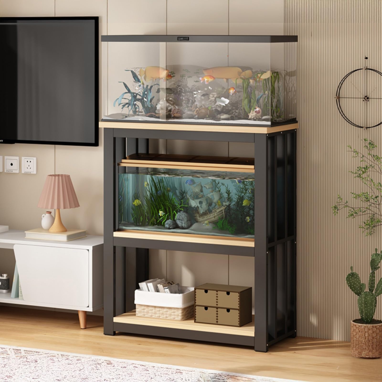 Supporto per Acquari con Ripiani a 2 Livelli, Supporto Acquario, Altezza del Ripiano Regolabile e Portata Massima di 100 Kg, Tavolo per Vasche da Pesca per Uso Domestico e In Ufficio(Beige,80x4