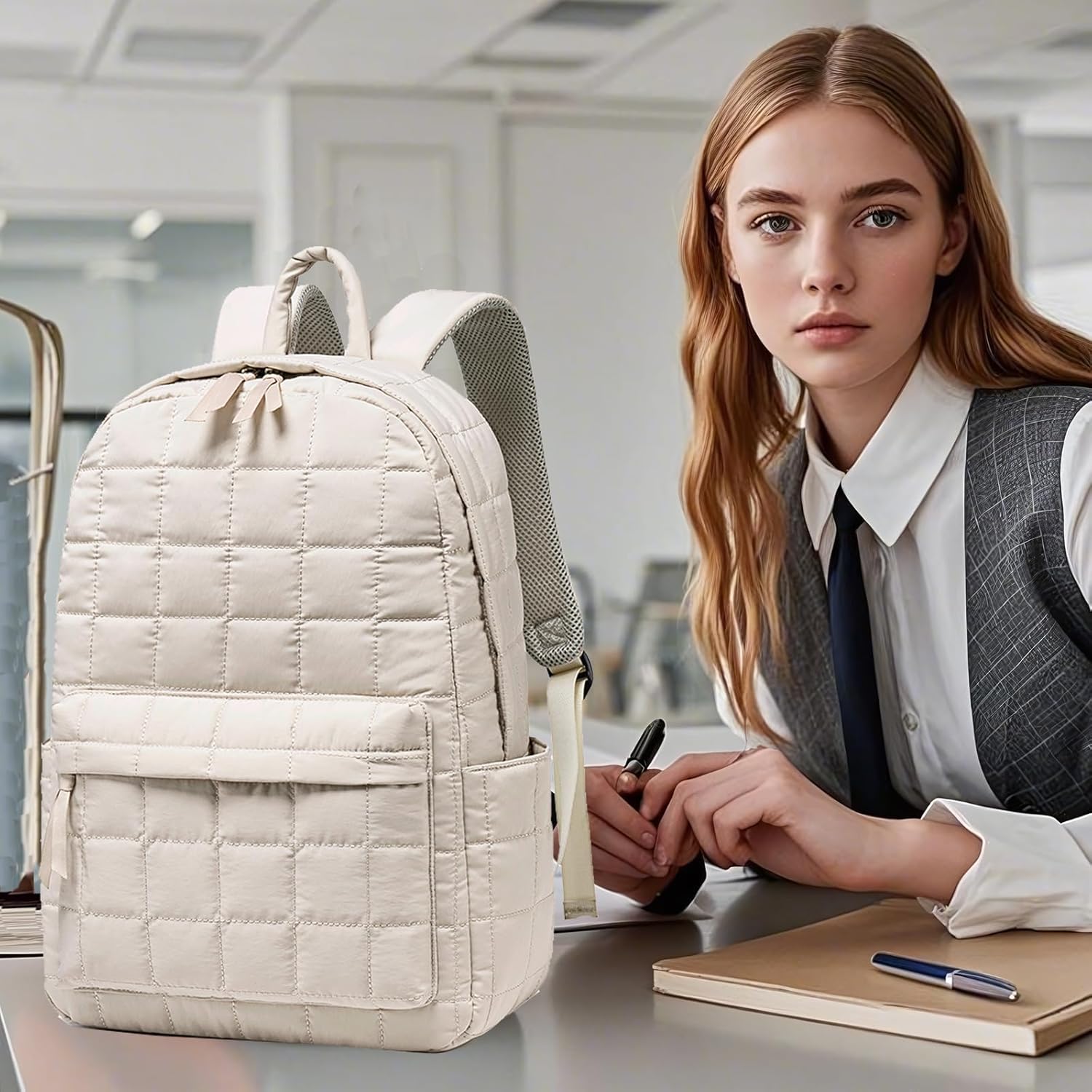 BTOOP Travel Backpack for Women Work Backpack Quilted College Backpacks for School Fit 15.6 Inch Laptop (Beige-Gray) - Image 8