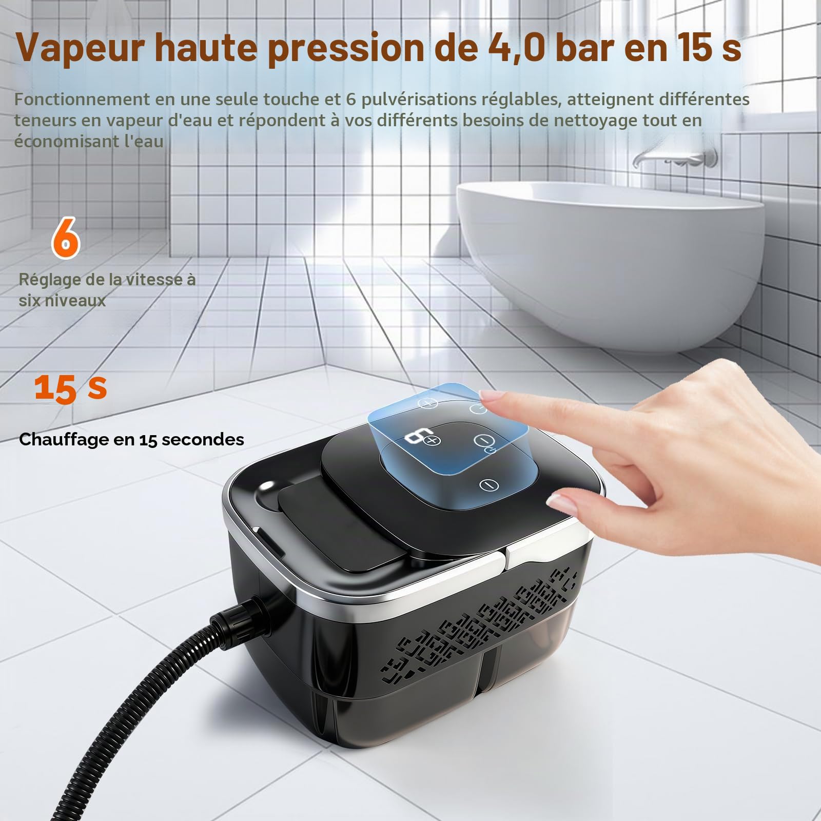 Nettoyeur à main vapeur haute pression 2500 W 4 bar, réservoir de 1250 ml, 6 niveaux, appareil de nettoyage sous pression haute température pour voiture, fenêtres, cuisine, sol, meubles