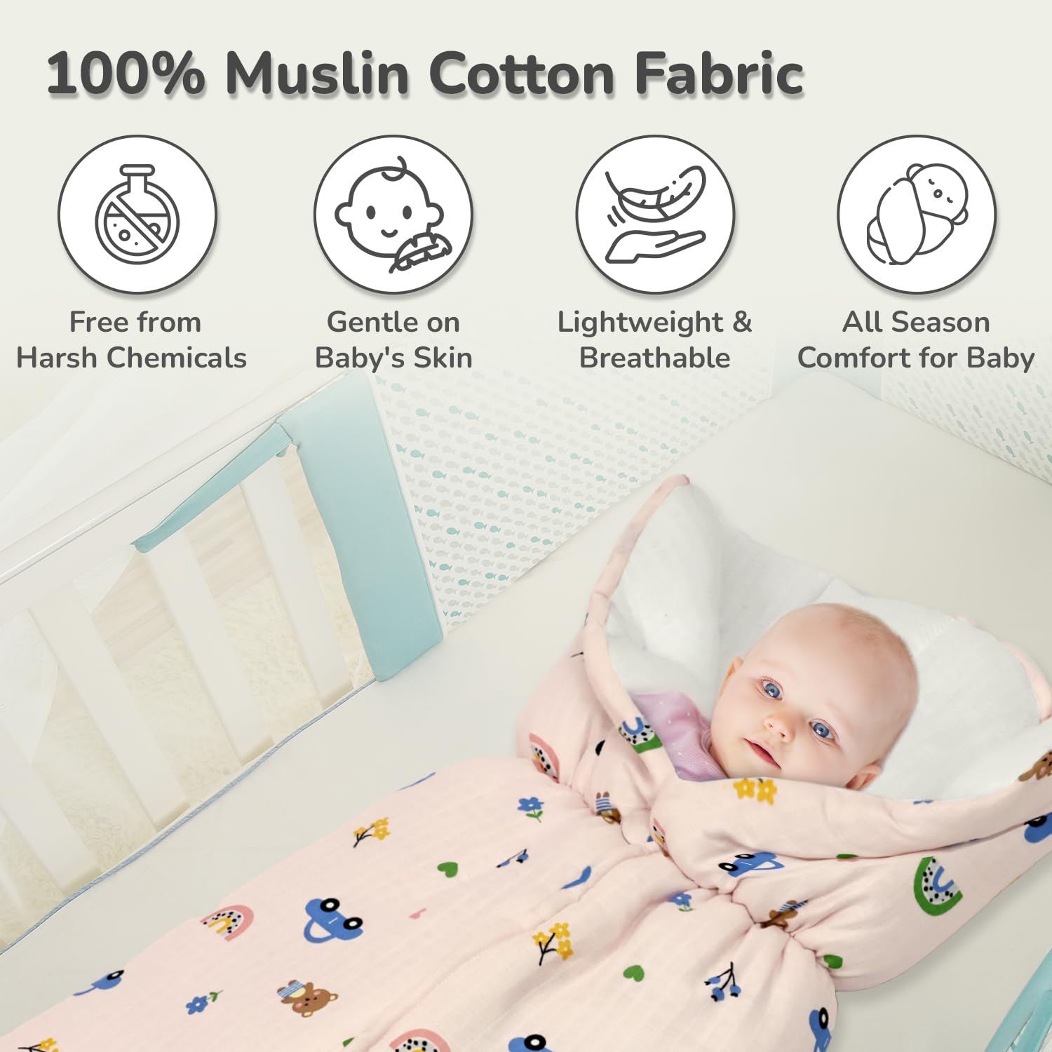 R for Rabbit Snuggy Bliss Baby Sleeping Bag Bedding Set | Premium 100% Muslin Cotton Carrying Nest for New Born Babies & Infant | Travel Friendly for 0-6 Months Baby Girl and Boy (Teddy Pink) - Image 3 thumbnail