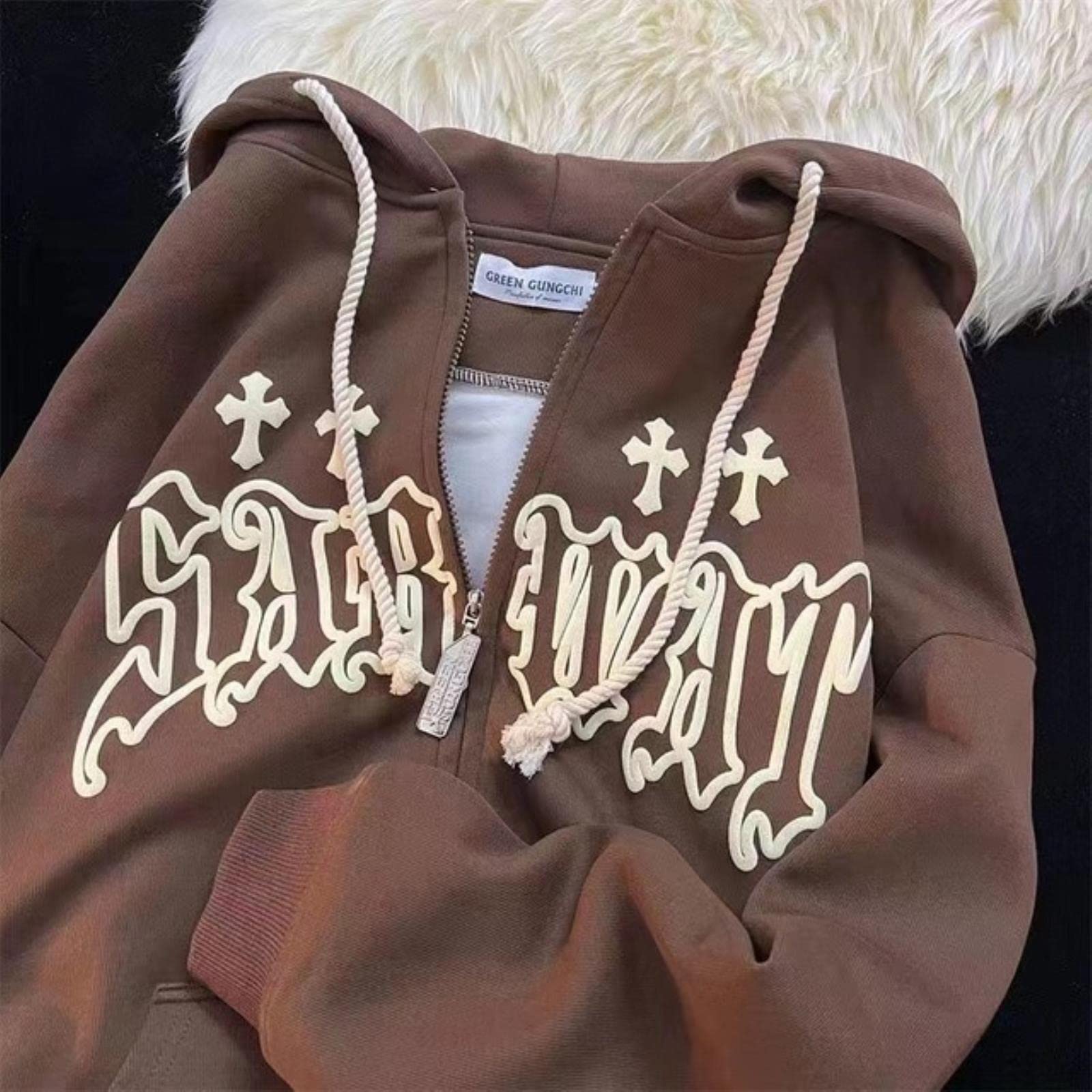 Yony Women's Brown Vintage Gothic Streetwear Embroidery Harajuku Hoodies Hip Hop Jacket Zip Up Hoodie Grunge Sweatshirt Tops Clothes-,S (39-45Kg)