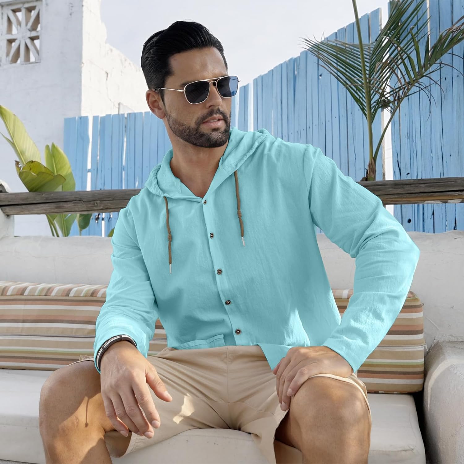 Men Cotton Linen Long Sleeve Button Down Shirt Summer Casual Hawaiian Beach Tops Lightweight Fashion Hoodies - Image 3