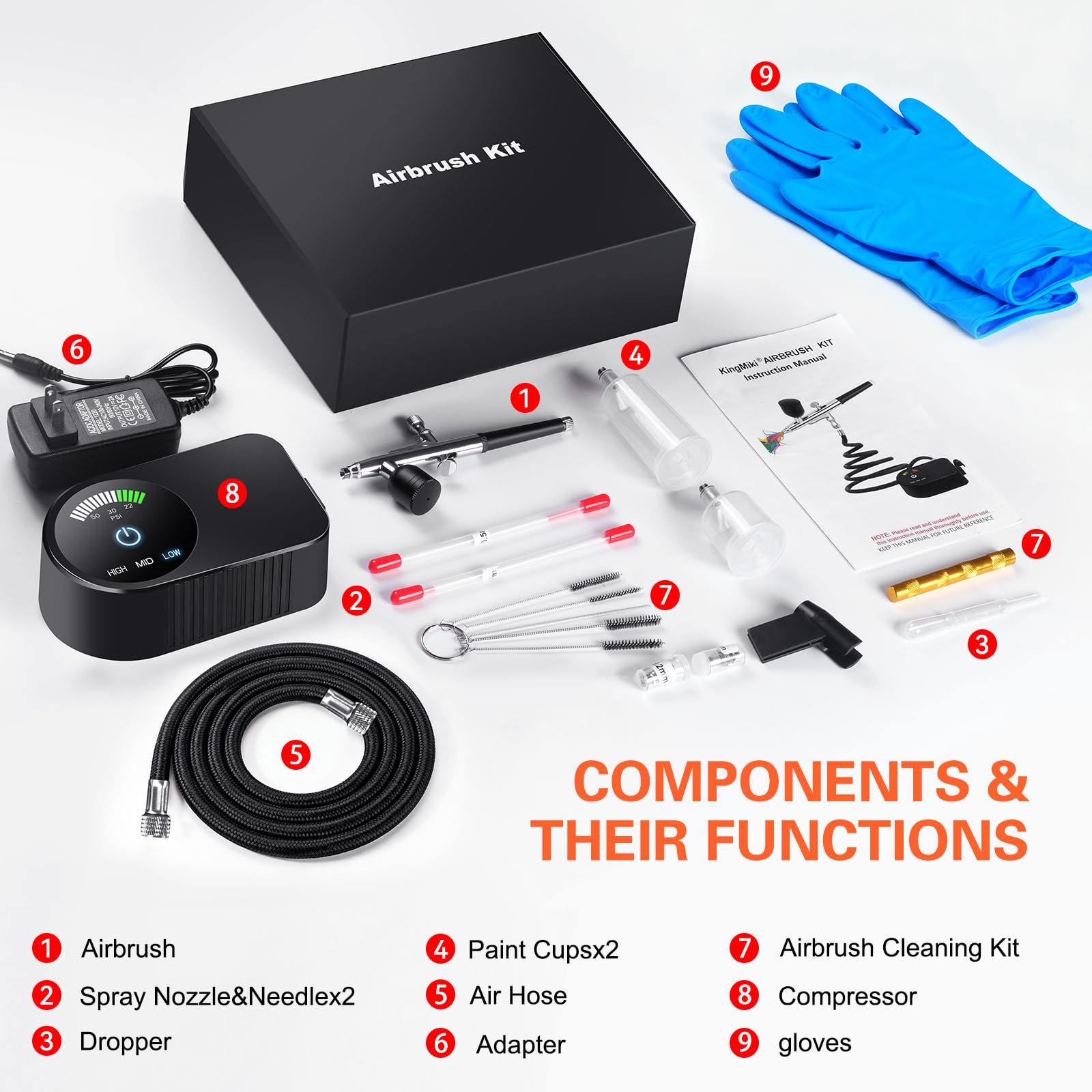 Kit d'aérographe avec compresseur d'air, 22/30/50 PSI haute pression non obstruant avec buse de 0,2/0,3/0,5 mm, idéal pour la peinture, le modelage, la décoration de gâteaux, le maquillage