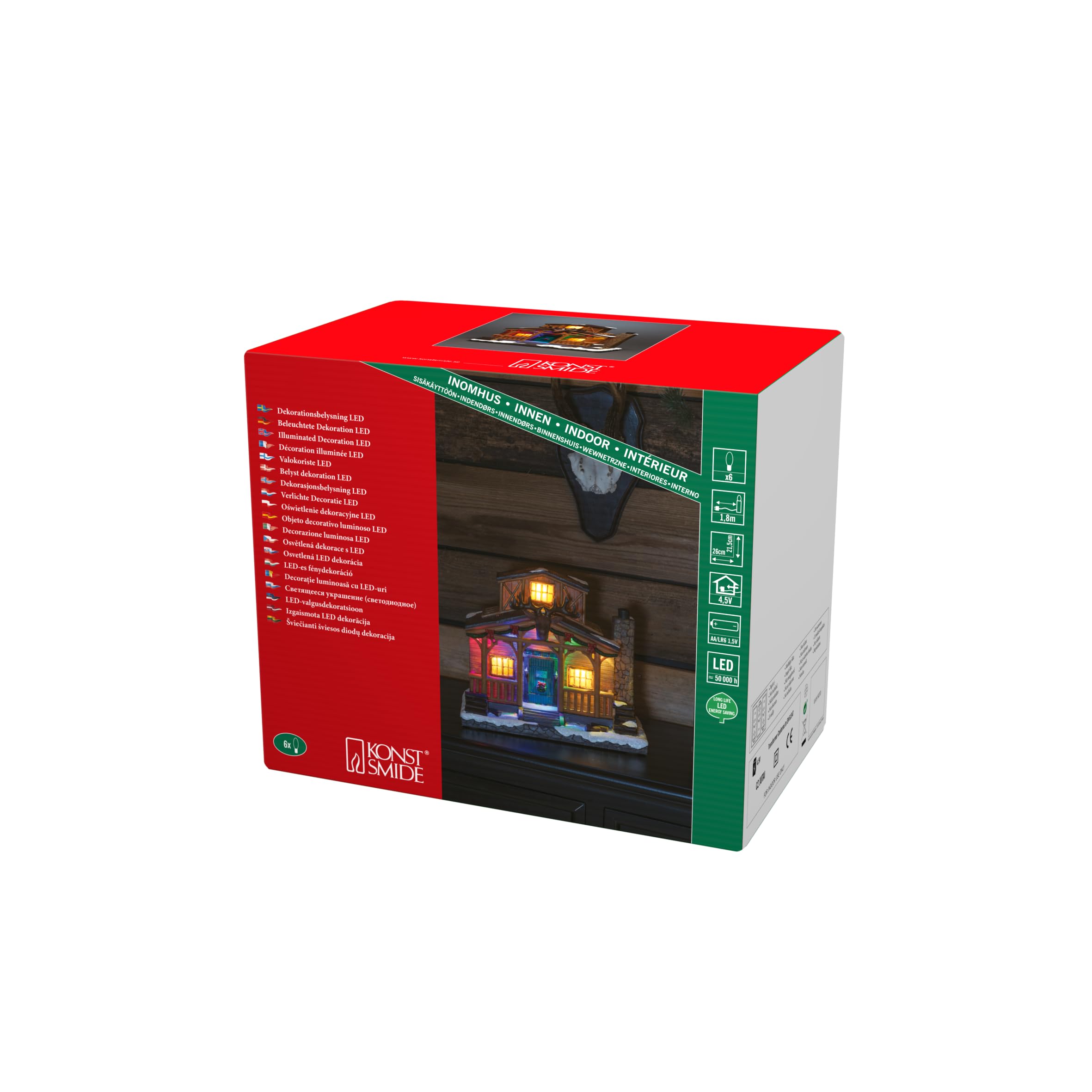 Konstsmide Christmas Lights Wood House Village Scene with Reindeer Motif/Six LEDs/Transformer Operation or Battery (Excl.) / 26cm Wide 21.5cm High