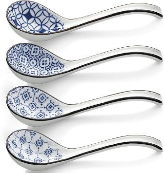 Ceramic Soup Spoons Set of 4 Asian Soup Spoon 6.3 InchLong Handle Chinese Soup Spoon Japanese Ramen Spoon for Pho Dumplings Wonton Stews Noodles