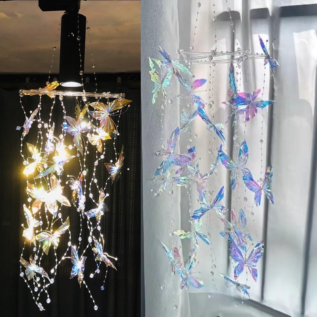 Iridescent Butterfly Decorations Wind Chimes with Beads Chain Repel Birds Window Hanging Butterfly Mobile Ceiling Garden Yard Patio Porch Decor