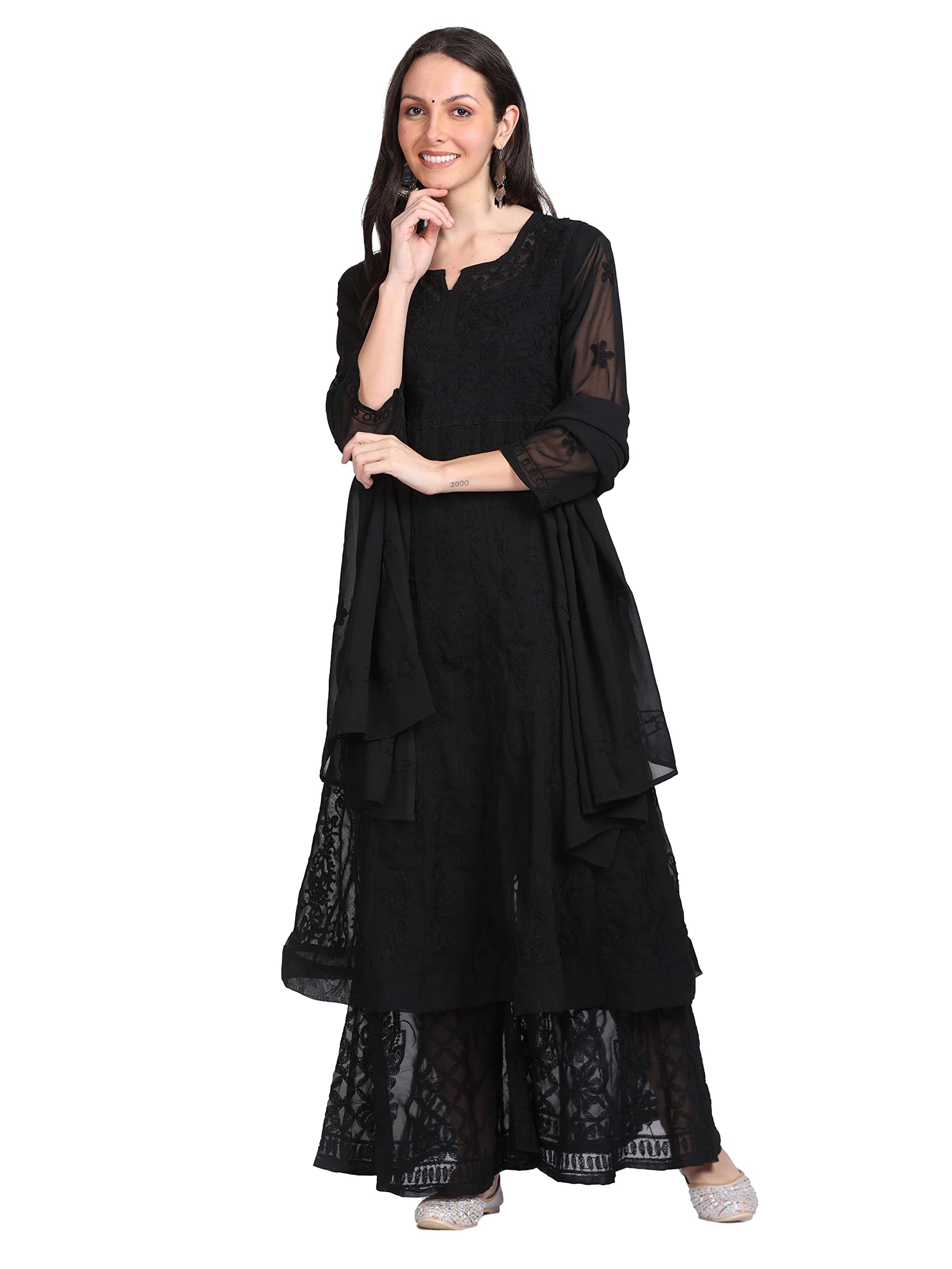 Women's Faux Georgette Chikankari Flared Anarkali With Dupatta and Inner