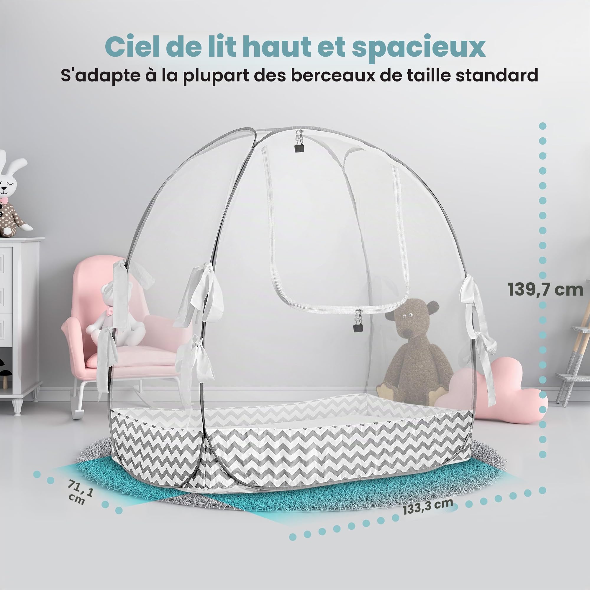 Tente de berceau pour empêcher bébé de sortir – Filet de berceau pop-up respirant pour garder bébé à l'intérieur, housse de sécurité anti-escalade avec fermeture éclair autobloquante, facile à