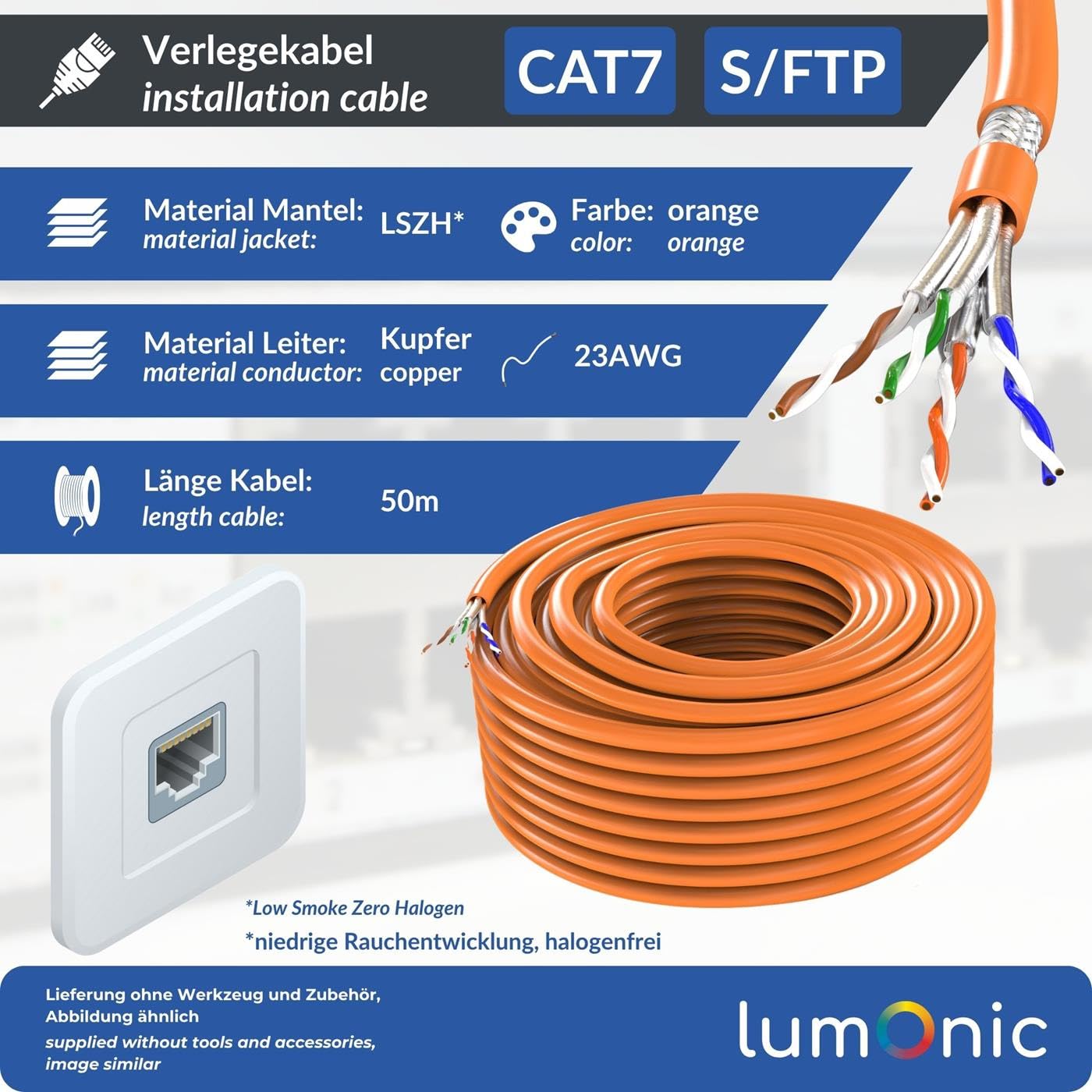 Lumonic CAT7 Cavo di rete S/FTP 50m | Cavo di Installazione AWG 23 | 100% Rame OFC | 10 Gbit/s | senza alogeni | 600 MHz | LAN Cavo, Ethernet Cavo