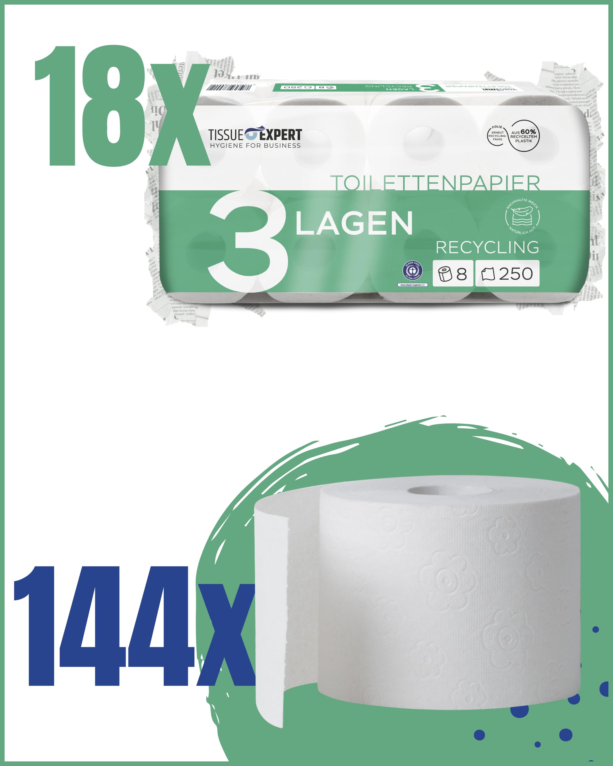 Carta igienica, 3 strati, 144 rotoli x 250 fogli, 100% riciclaggio, carta igienica super morbida, confezione grande per uso commerciale, carta igienica, ideale per molti consumatori