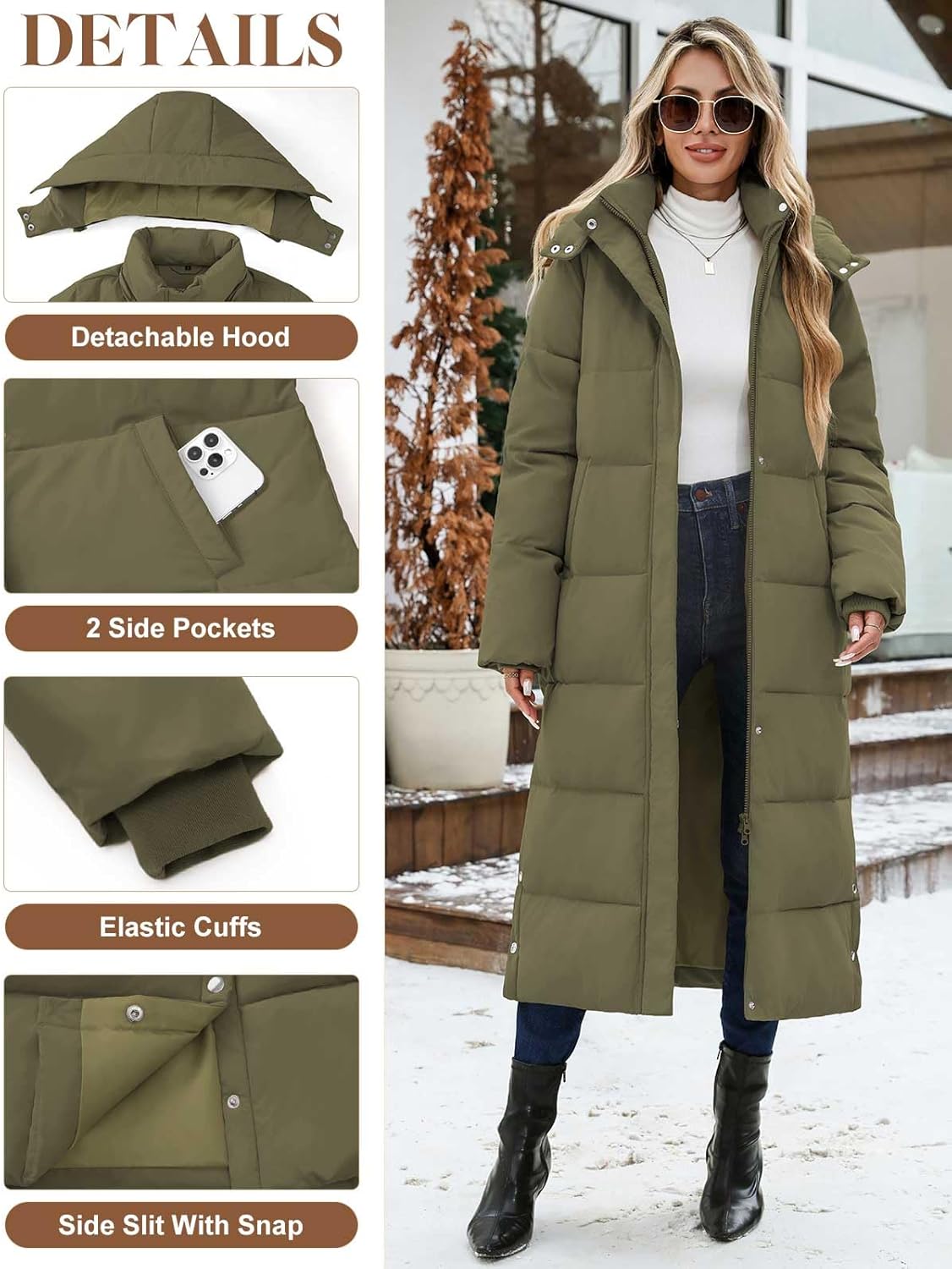 Women Long Puffer Coat Maxi Thickened Quilted Padded Jacket Winter Warm Zip Parka Removable Hood Buttoned Slit Hem - Image 4