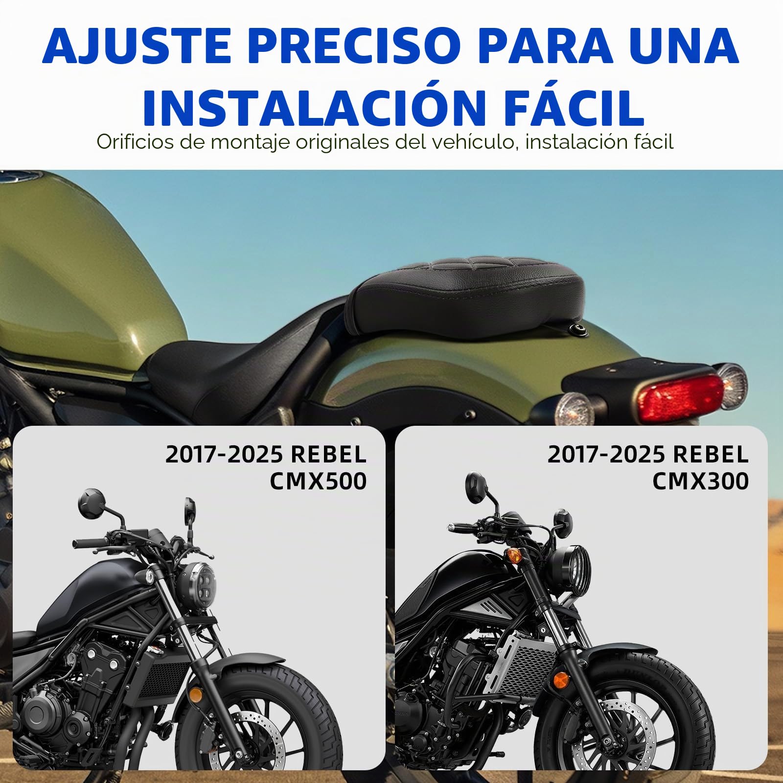 DREAMIZER Cojín de Confort para Pasajero de Moto en Cuero Asiento Compatible con Honda Rebel 300 500 CMX300 500 2017-2025