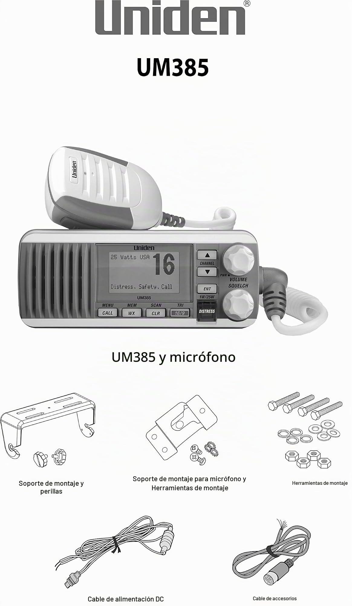 Uniden UM385 - Radio VHF de Montaje Fijo, Color Blanco