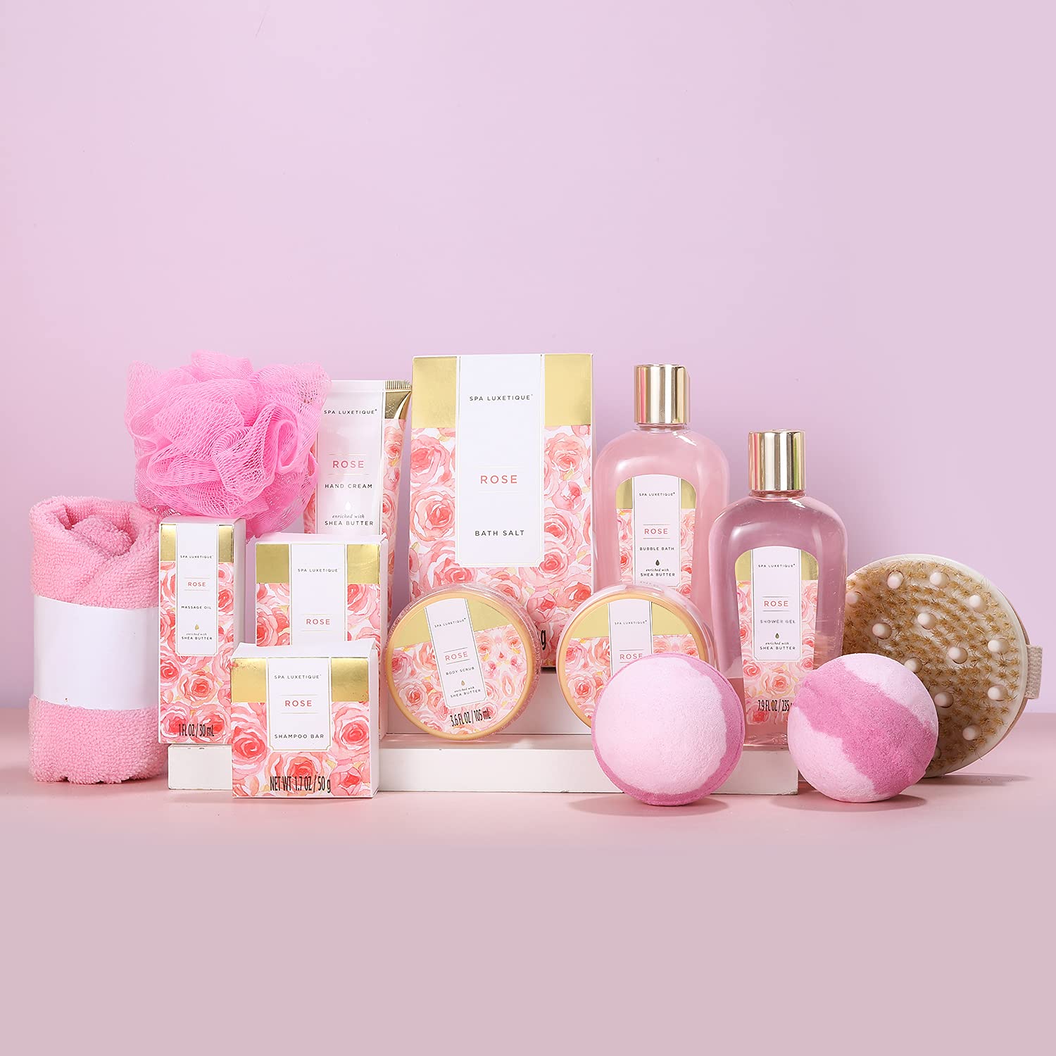Spa Luxetique Set Bagnoschiuma Donna 15 Pezzi alla Rosa con Borsa Tote Confezione Regalo Donna per Bagno Doccia e Idratazione Idea Regalo Mamma per Compleanno Feste San Valentino