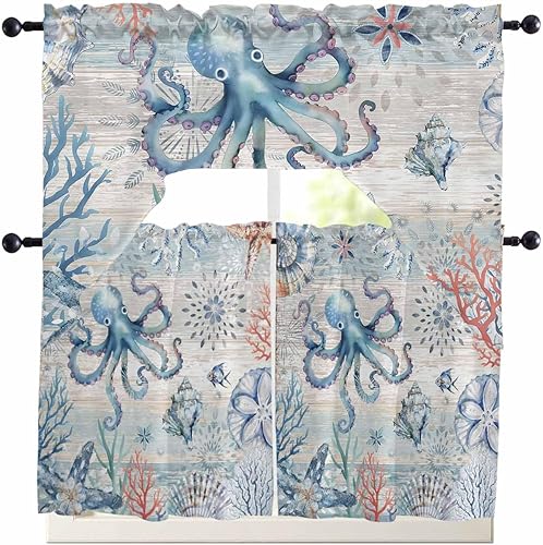 Miniatura 10 de Cortinas de cocina con cenefa de cangrejo oceánico, cenefa con bolsillo para barra, paneles de cortina para dormitorio, sala de estar, baño,