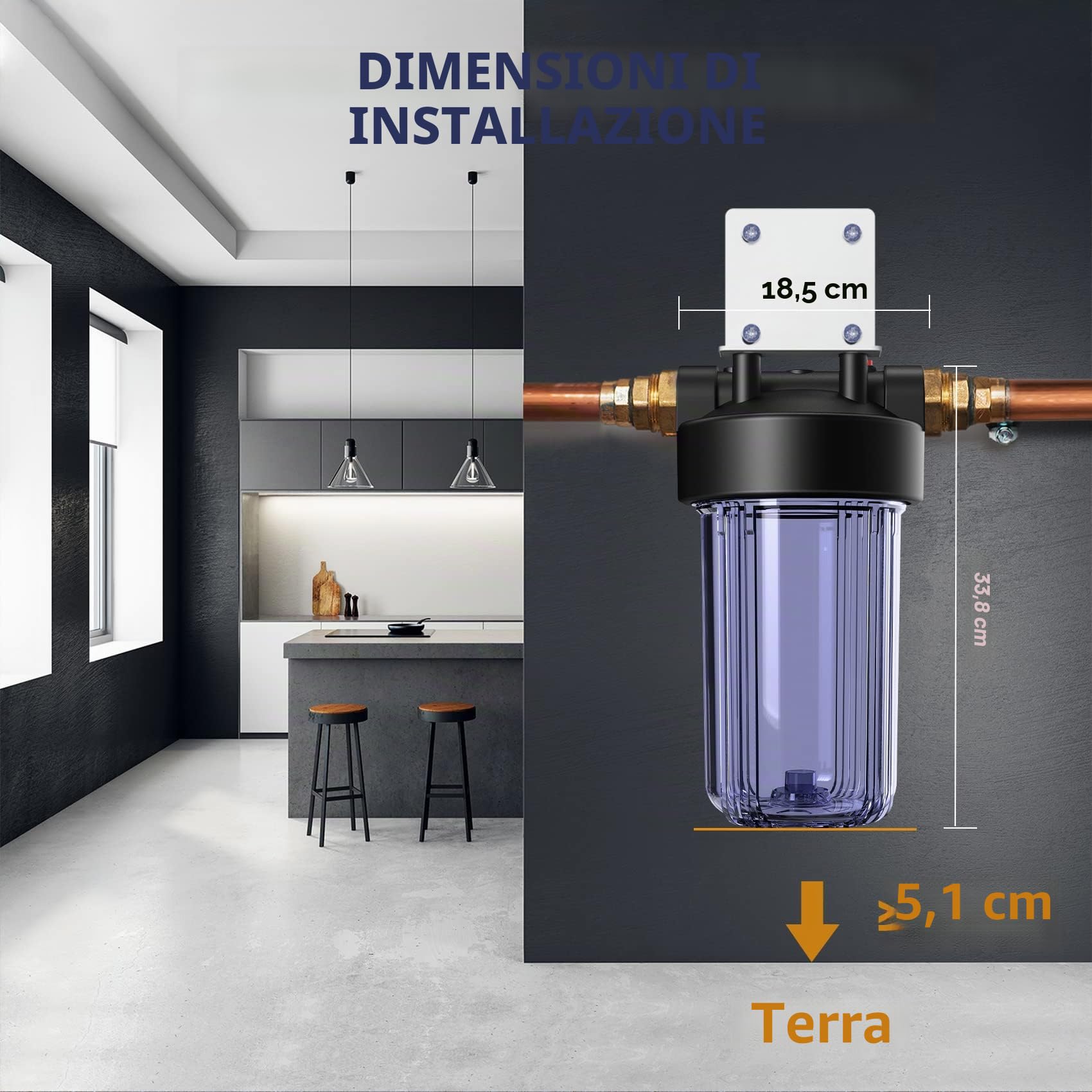SimPure DB10C Filtro per l'acqua 10"x4,5", Sistema di Filtraggio dell'Acqua per Tutta la Casa con Supporto e Chiave, Porta di Ingresso/Uscita in Ottone da 1" BSP
