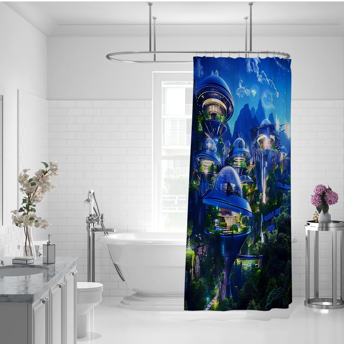 Futuristischer Sci-Fi Duschvorhang für Waschraumdeko W180xL200 cm