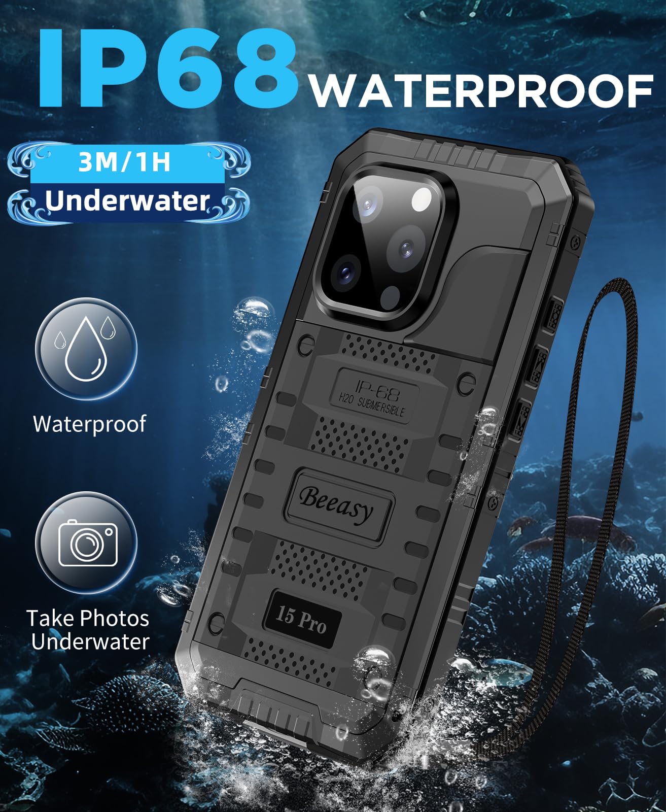 Beeasy for iPhone 15 Pro Case Waterproof Heavy Duty Tough Metal Armour Cover Shockproof Dustproof Built-in Screen Protector - Image 3