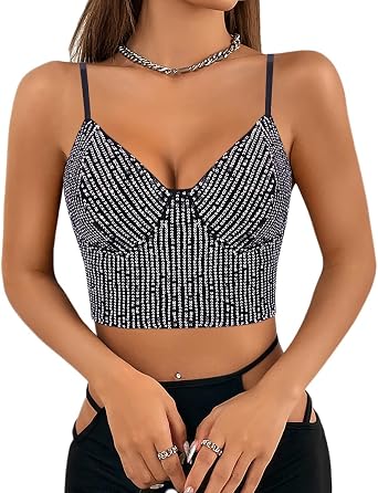 Giovacker Womens Sexy V-Neck Spaghetti Strap Sparkle Sequined Crop Tops