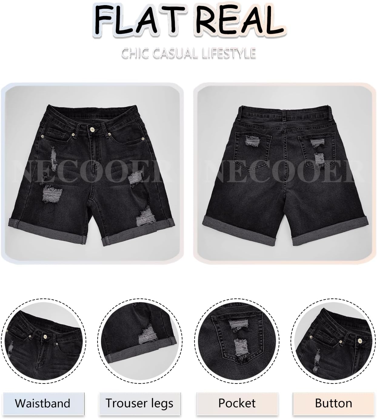 Necooer Women Jean Shorts Ripped Casual Summer Fashion Stretchy Classic Folded Hem Denim Shorts - Image 4