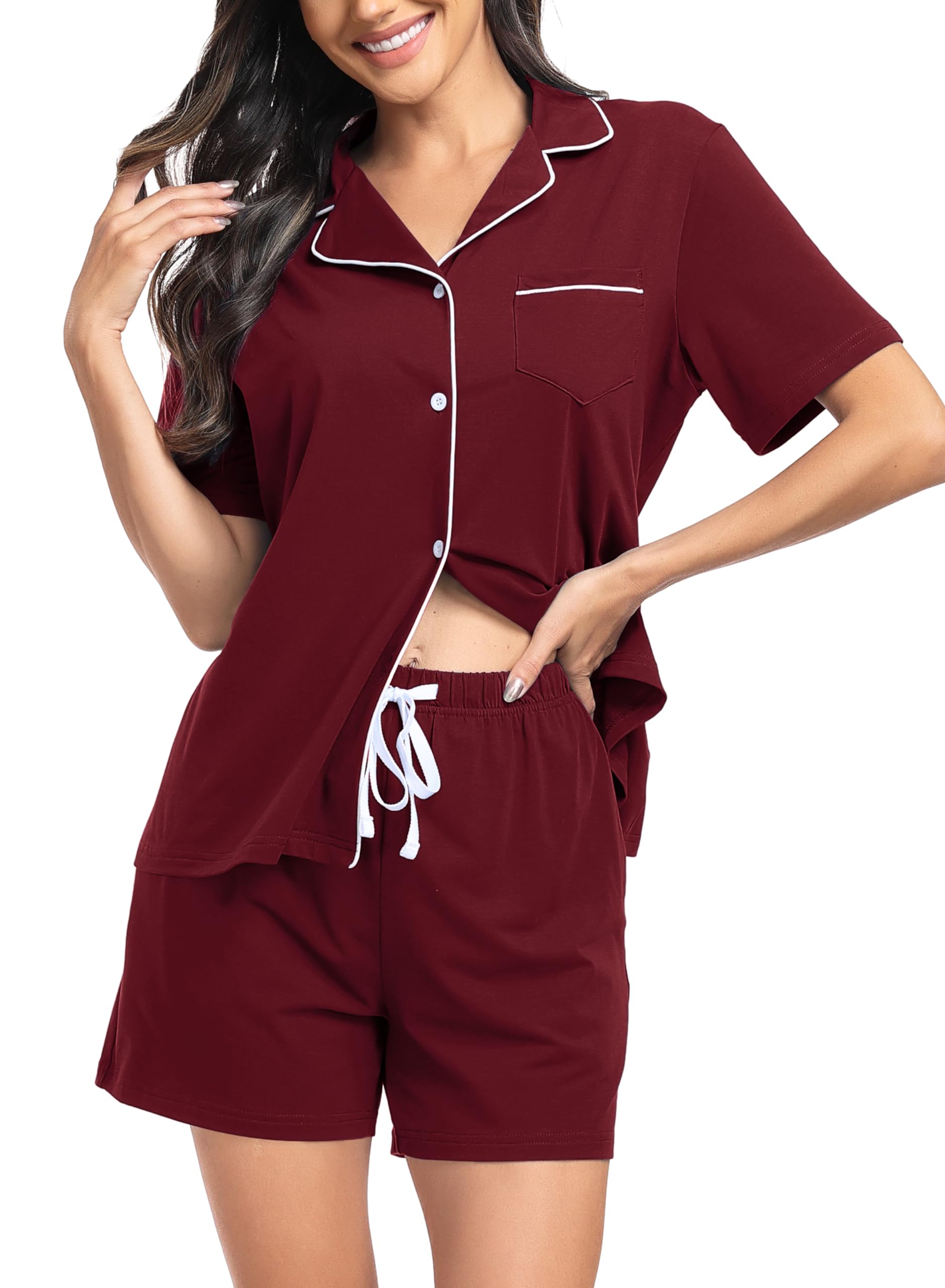 Lovasy Schlafanzug Damen Baumwolle Kurz Pyjama Set Kurzarm Schlafanzüge für Damen mit Knöpfen und Taschen